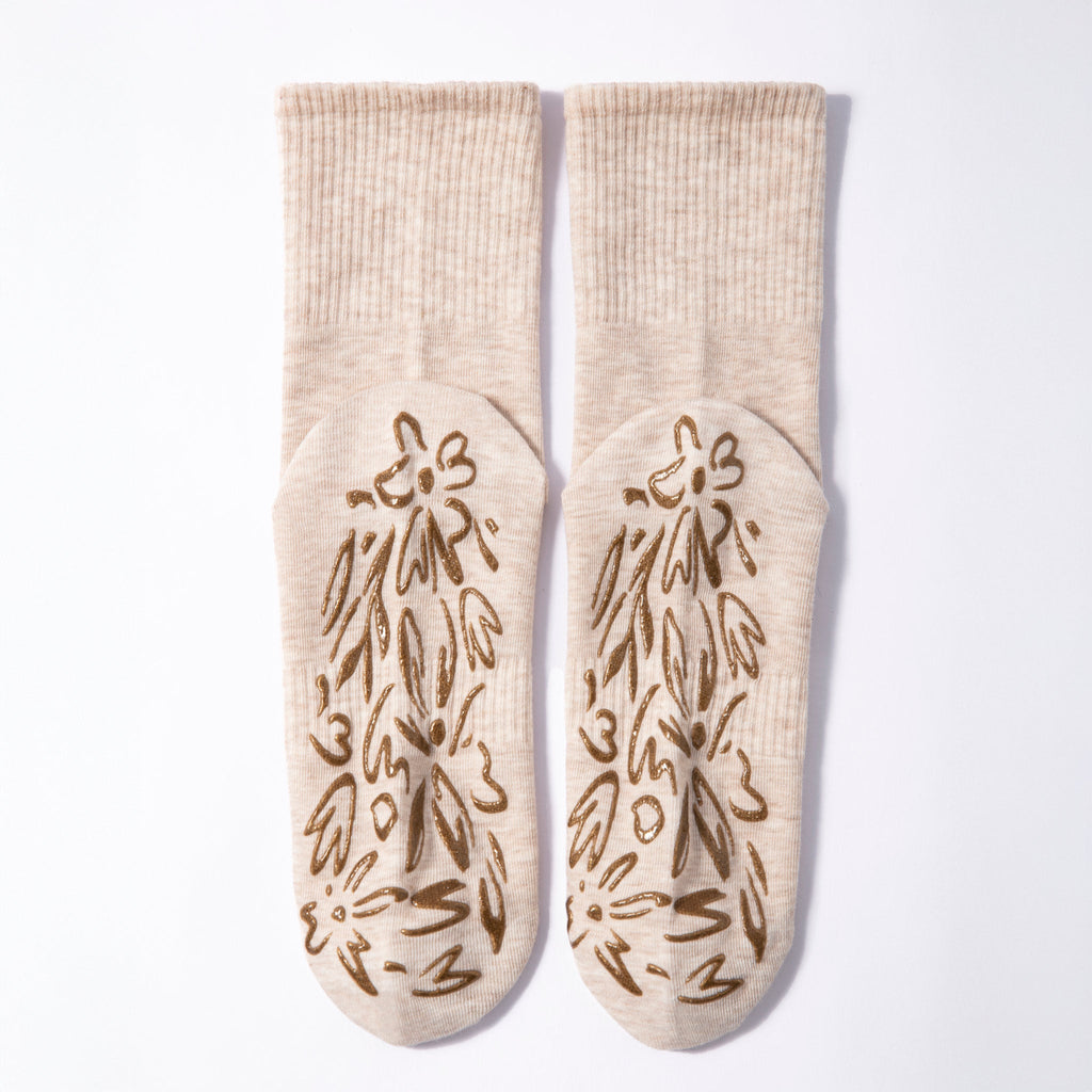 New- Adult Organic Cotton Non-Slip Socks- Beige- 2 Pairs