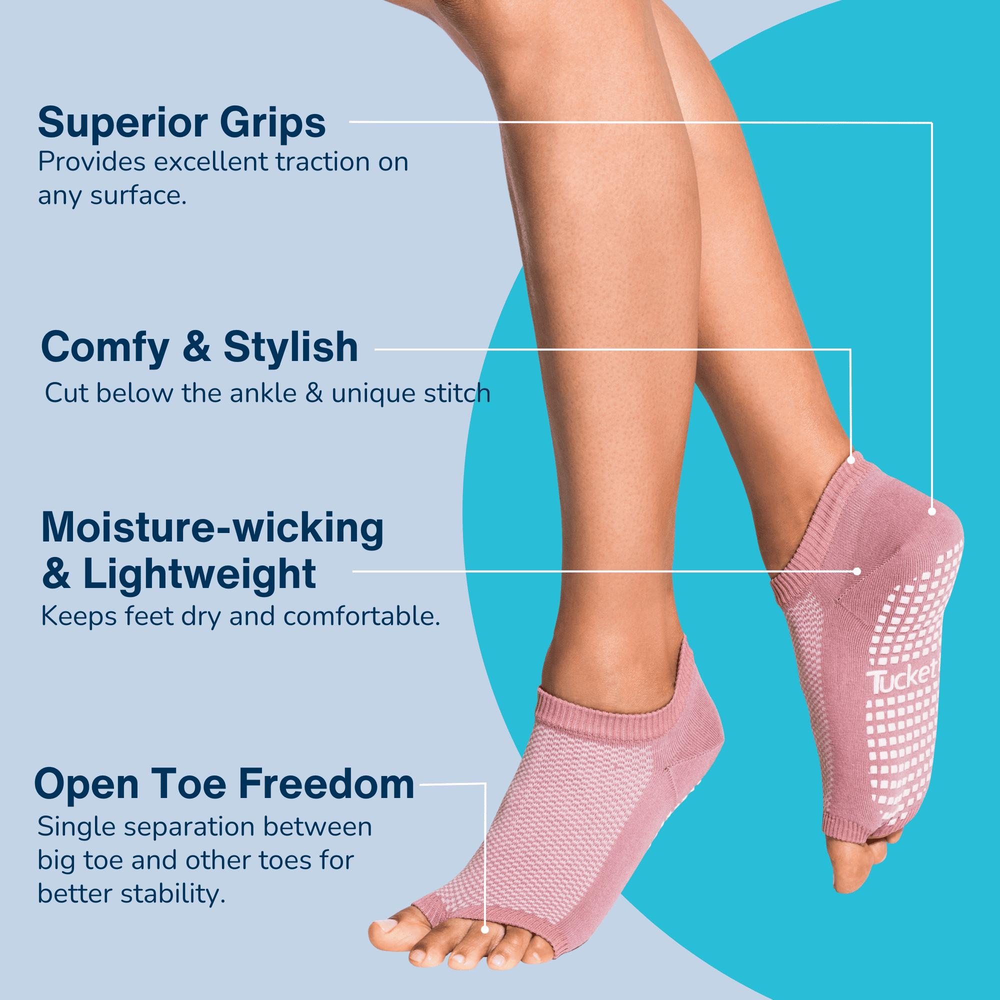 Tucketts Flow Pilates Socks – Non-Slip Grip Open Toe Socks for Barre & Yoga (Women’s)