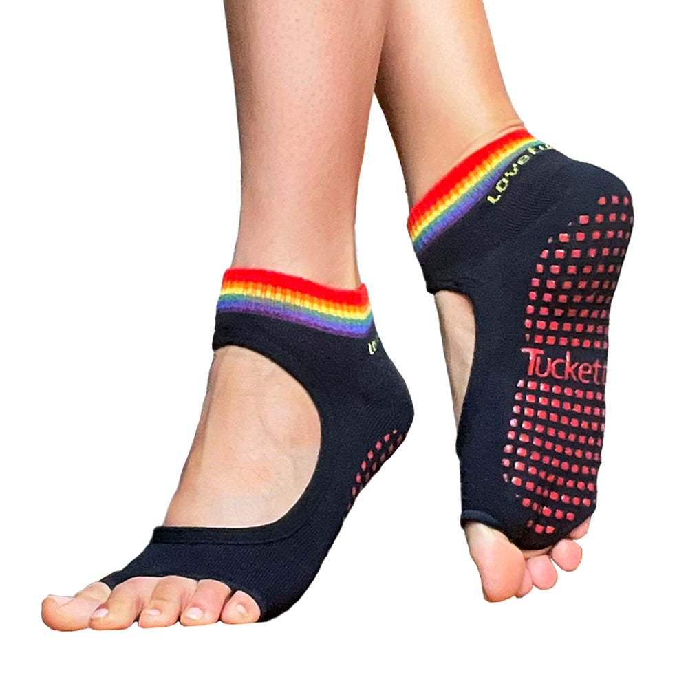 Tucketts Allegro Rainbow Navy Pilates Socks - Non-Slip Grip, Open Toe, Barre & Yoga - Women's