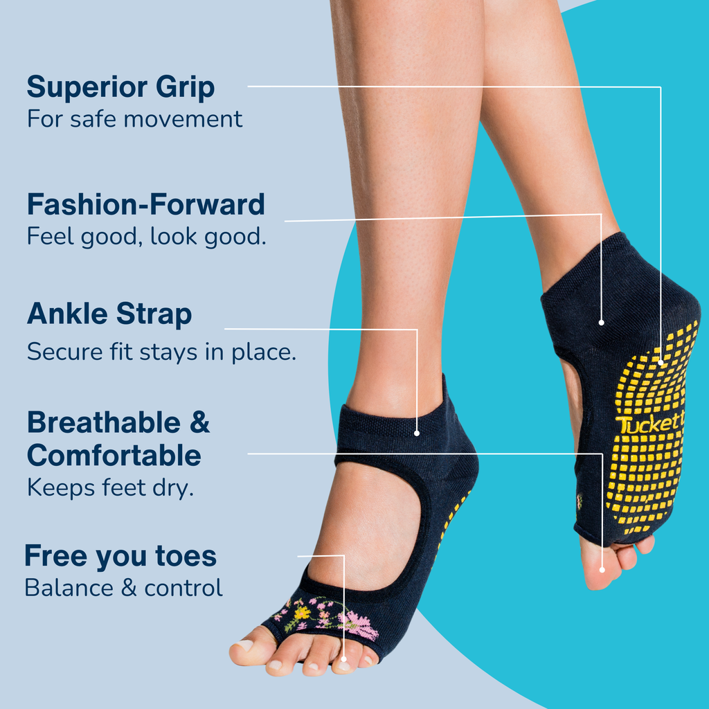 Tucketts Allegro Black Swan Pilates Socks - Non-Slip Grip, Open Toe, Barre & Yoga - Women's