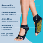 Tucketts Allegro Black Swan Pilates Socks - Non-Slip Grip, Open Toe, Barre & Yoga - Women's