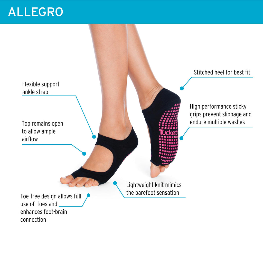 Tucketts Allegro Midsummer Turquoise Pilates Socks - Non-Slip Grip, Open Toe, Barre & Yoga - Women's