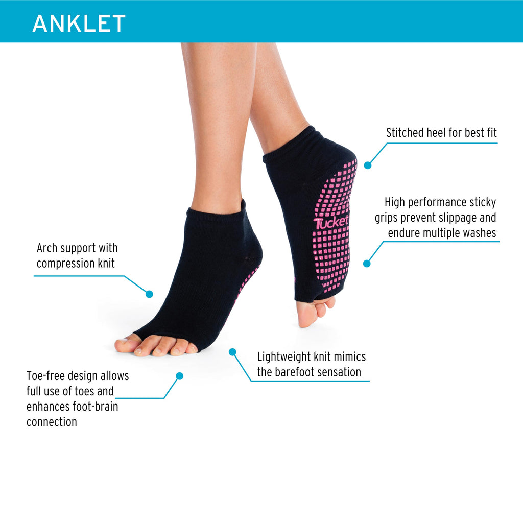 Tucketts Anklet Glacial Moraine Pilates Socks - Non-Slip Grip, Open Toe, Barre & Yoga - Women's
