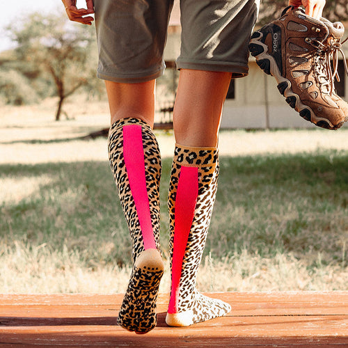Tucketts Knee High Leopard Pink Stripe Pilates Socks - Non-Slip Grip, Open Toe, Barre & Yoga - Women's