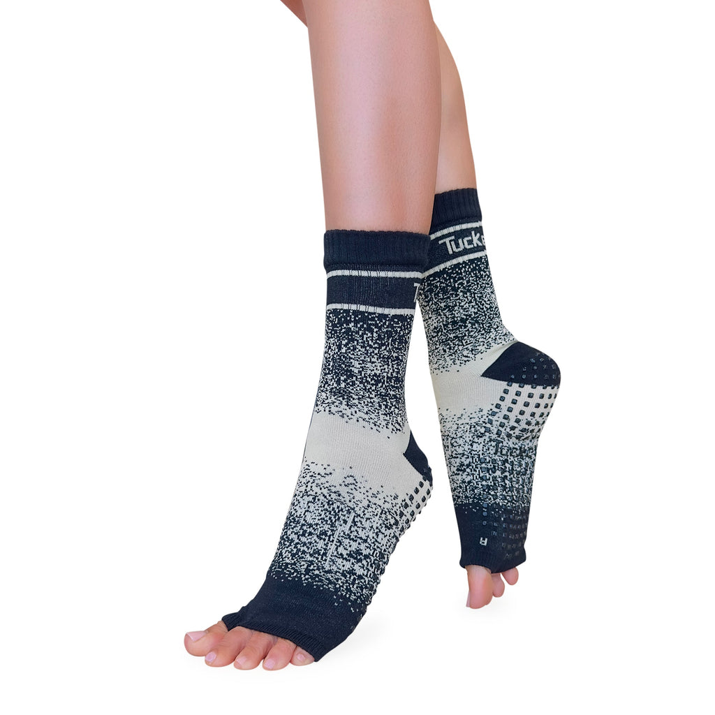 Tucketts Crew Toeless - Taupe Center Pilates Socks - Non-Slip Grip, Open Toe, Barre & Yoga