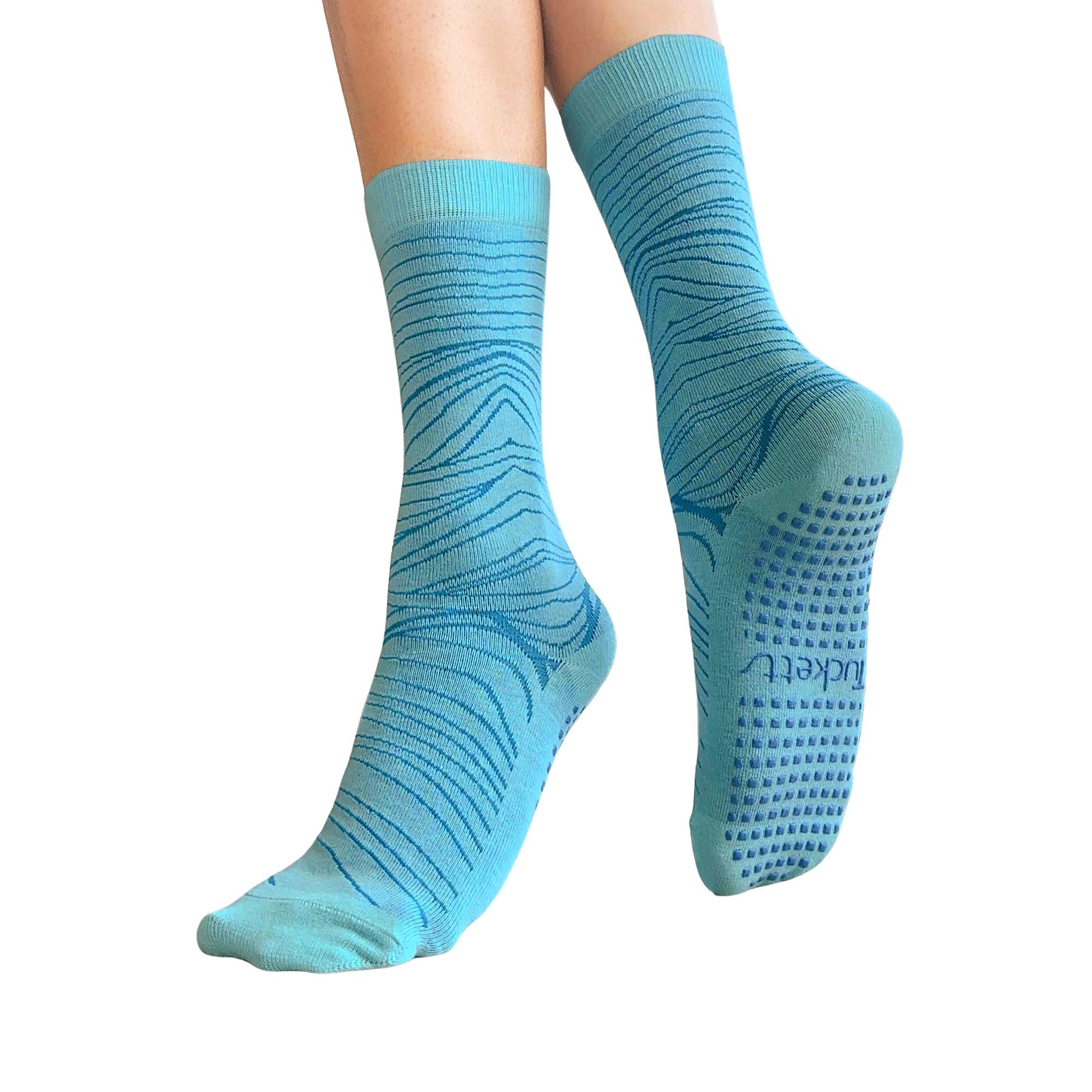 Tucketts Crew Aqua Serenade Pilates Socks - Non-Slip Grip, Closed Toe, Barre & Yoga - Women's