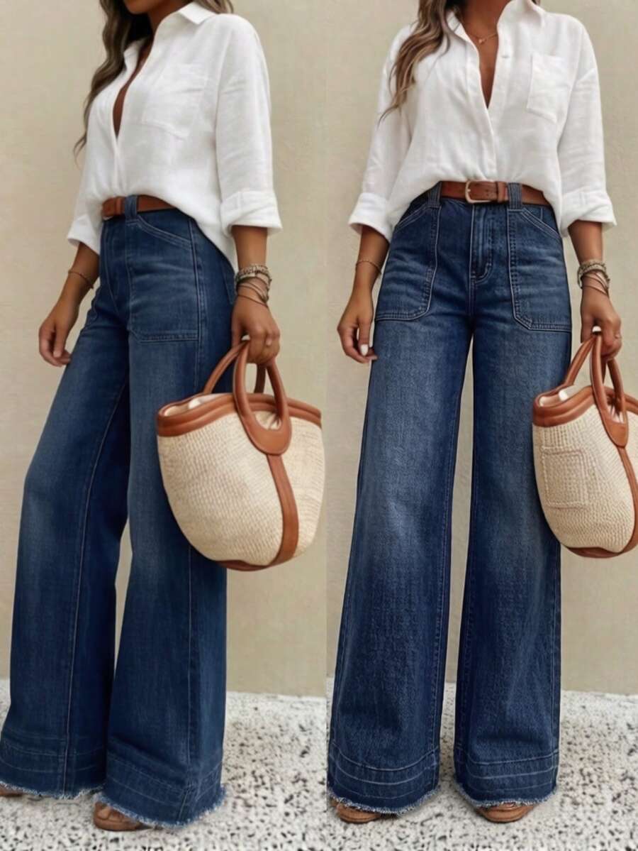 New Women's Stylish, Casual, Loose-Fit, Wide-Leg Denim Trousers
