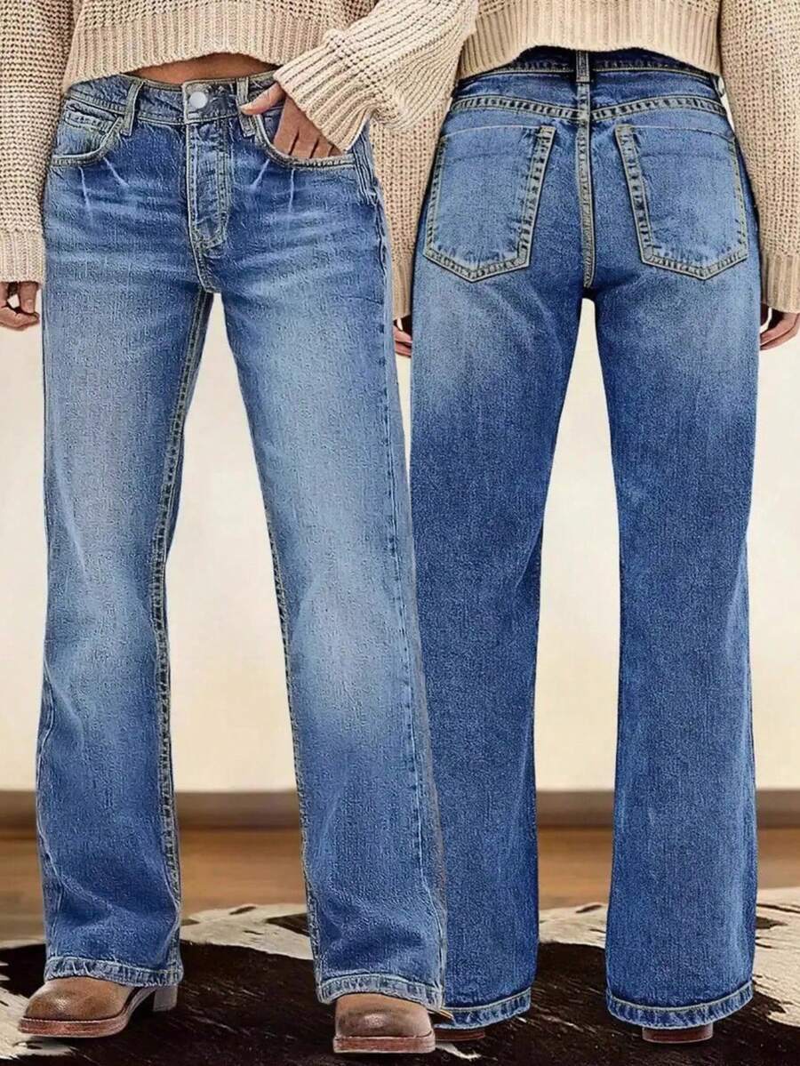 New Women's Multi-Button Washed Straight Leg Casual Jeans