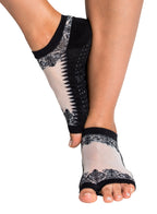 Tucketts Flow Black & Sheer Gala Pilates Socks - Non-Slip Grip, Open Toe, Barre & Yoga - Women's
