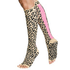 Tucketts Knee High Leopard Pink Stripe Pilates Socks - Non-Slip Grip, Open Toe, Barre & Yoga - Women's