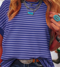 Striped Color-Block Shoulder Short-Sleeve Knitted Casual Crew-Neck T-Shirt