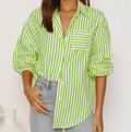 Women's Elegant Casual Loose Green Striped Print Long Sleeve Shirt