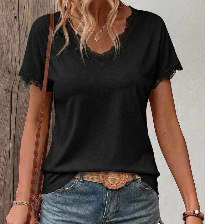 Women's Spring/Summer New Lace Trim V-Neck Short Sleeve T-Shirt