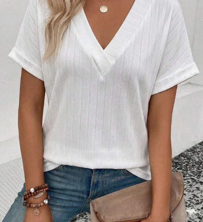 Women's Solid Color V-Neck Short Sleeve Casual Ribbed T-Shirt
