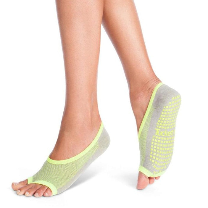 Tucketts Ballerina Grey Lime Geo Pilates Socks - Non-Slip Grip, Open Toe, Barre & Yoga - Women's