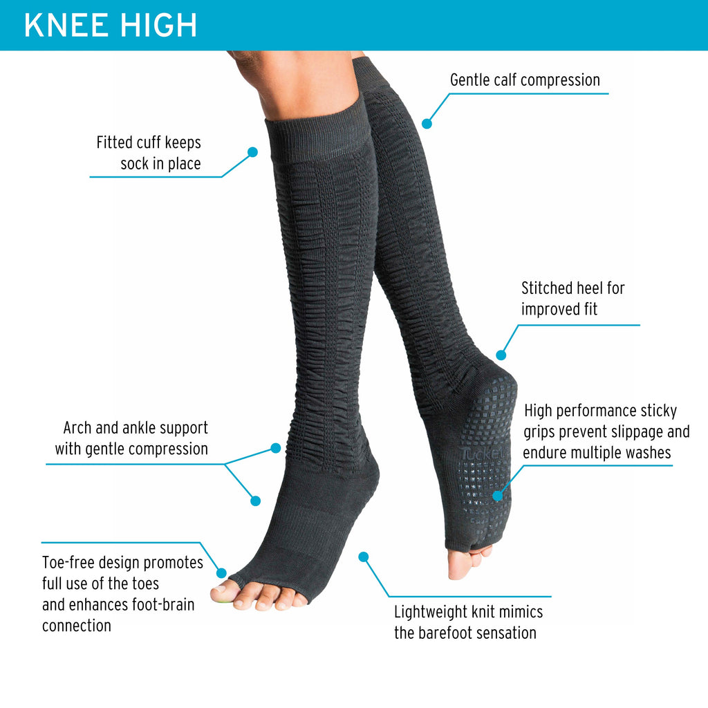 Tucketts Knee High Leopard Pink Stripe Pilates Socks - Non-Slip Grip, Open Toe, Barre & Yoga - Women's
