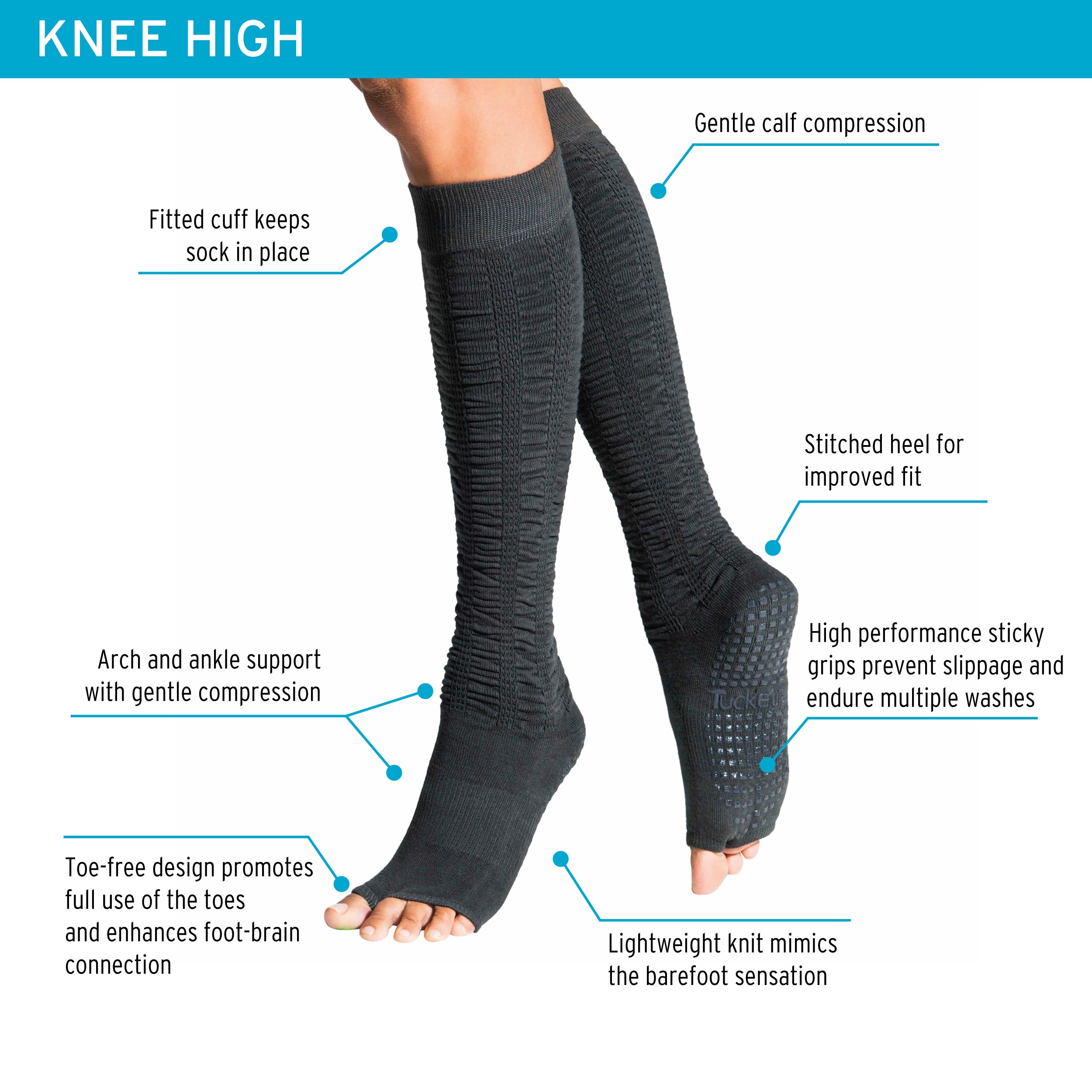 Tucketts Knee High Leopard Pink Stripe Pilates Socks - Non-Slip Grip, Open Toe, Barre & Yoga - Women's