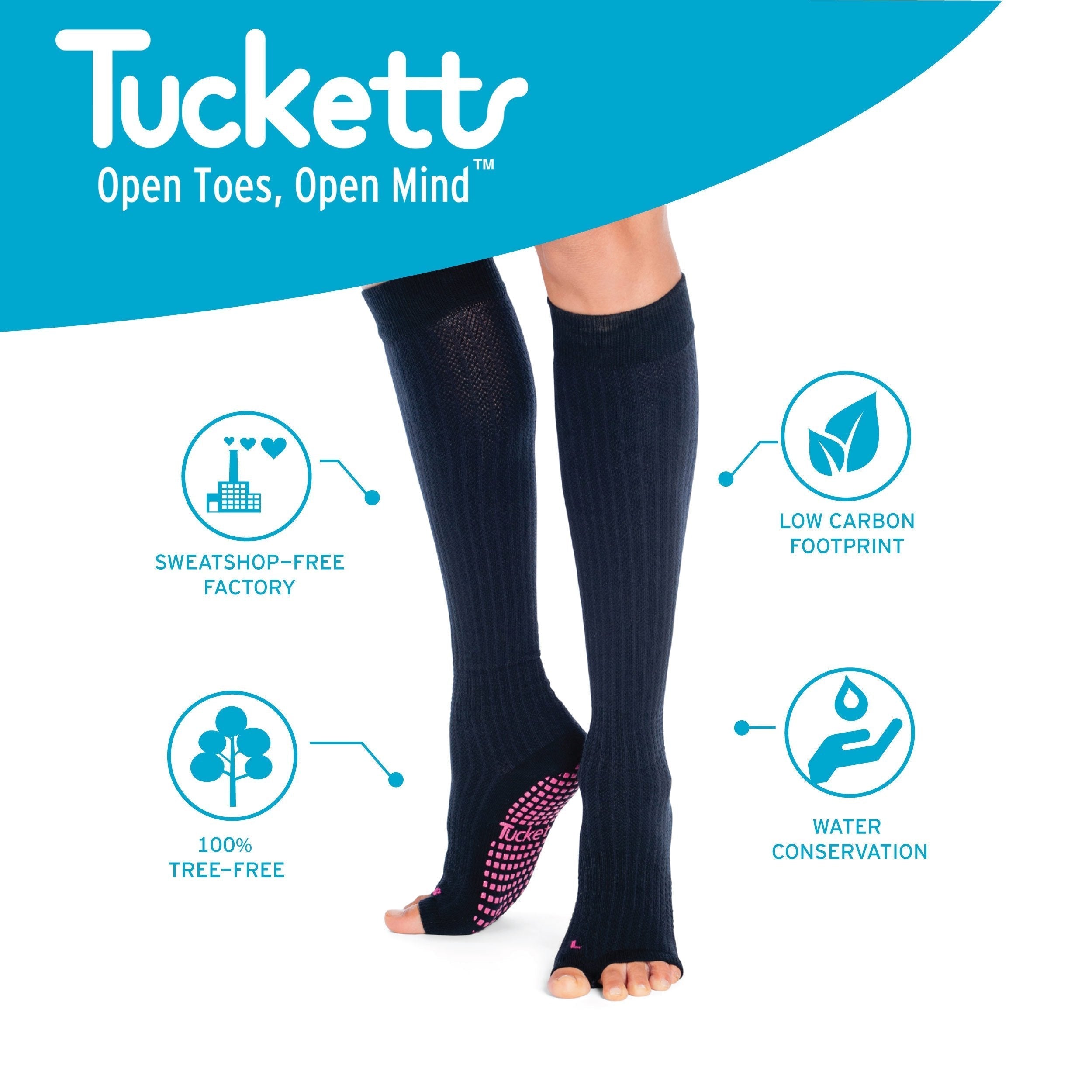 Tucketts Knee High Starry Night Pilates Socks - Non-Slip Grip, Open Toe, Barre & Yoga - Women's